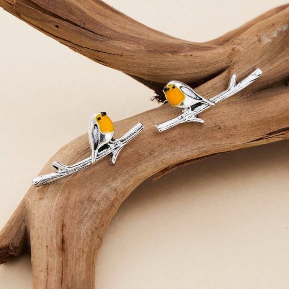 Any 4/$25! Silver Branch w/Orange Bird Crawler Earrings - Picture 2 of 6